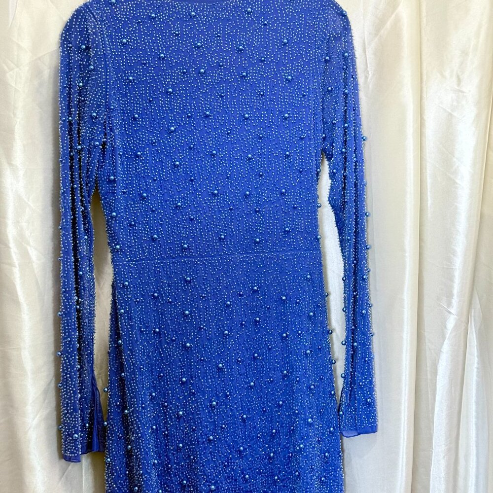 Oh Polly Women’s | Chelsea Pearl Embellished Wrap Mini Dress Dark Blue | US 8 - Picture 3 of 4